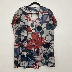 Simple By Suzanne Metro Blue Red Colorful Abstract Pullover Top Sheer Cotton 2X